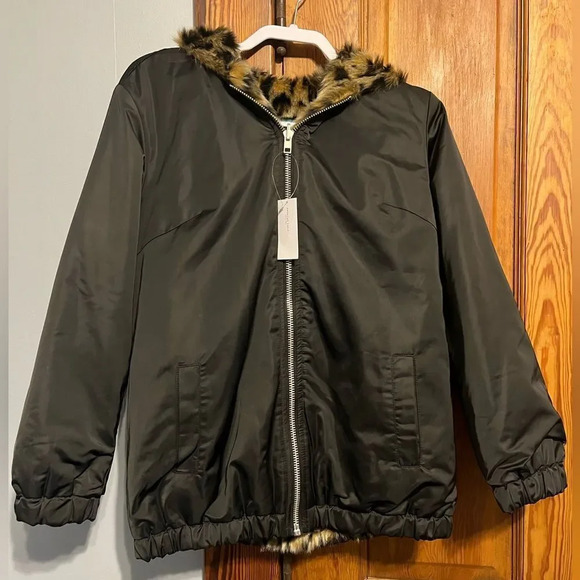 AE Reversible Faux Leopard Fur Hooded Coat XS - Picture 3 of 5